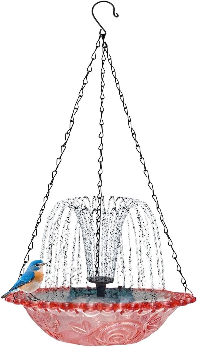 Vogelbad met fontein - Vogeldrinkbak Zonne-energie - Tuindecoratie Vogels - Zelfvoorzienend Waterreservoir - 25 x 25 x 10 cm - Roze
