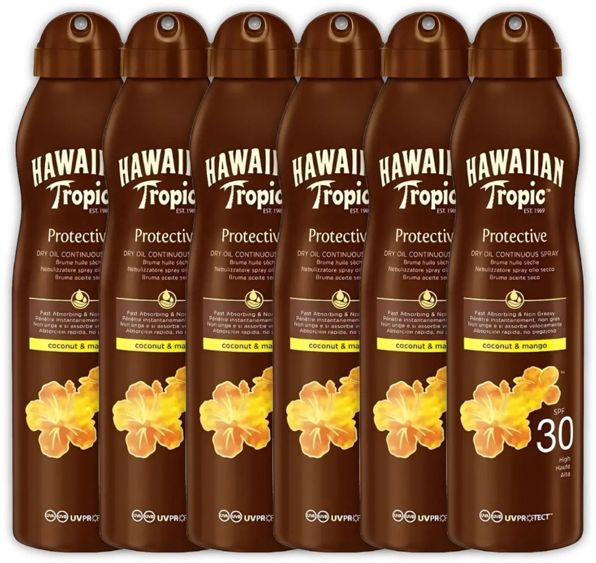 6 x Hawaiian Tropic - Zonnebrand - Island Glow Dry Oil Continuous Spray SPF 30 - Hydraterend & Beschermend - 177 ml - Zonbescherming - Zonbrand Spray - Droge Olie - SPF 30 - Huidhydratatie