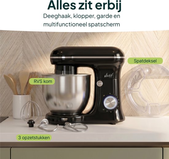 Vivid Green 1500W Keukenmixer - 5L Mengkom - 10 Snelheden - Keukenmachine - Keukenrobot - Zwart