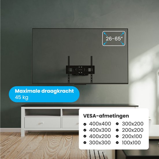 Auronic TV Muurbeugel - 26 tot 65 inch - Tot 45 kg - Draaibaar - Kantelbaar - Uitschuifbaar - Zwart