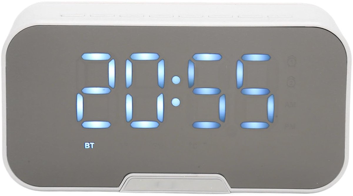 aladdien - Bluetooth-luidspreker - Digitale wekker - Multifunctionele spiegelwekkerluidspreker - Wit - FM-radio - Ondersteuning voor temperatuurweer...