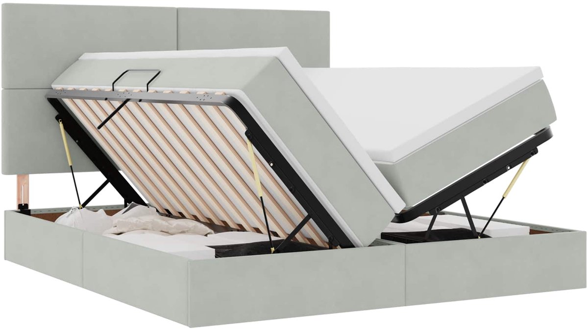 vidaXL LED - opbergbed - met - matras - Lichtgrijs - 200 - x - 200 - cm - Fluweel