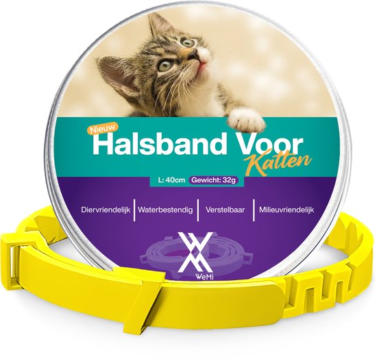 Nieuwe halsband voor katten in geel, met afbeelding van kattenpootjes op de verpakking.