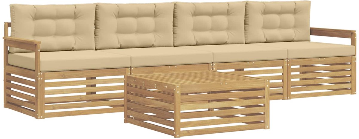 vidaXL Buiten - bank - set - 5 - st - 4-zits - Wit - en - Beige - Massief - Acacia - Hout Wit en Beige
