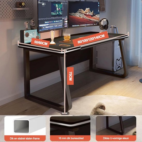 Gaming Bureau - Computer bureau - Thuiswerken - Robuuste constructie - 80x50cm - Zwart — afbeelding 3