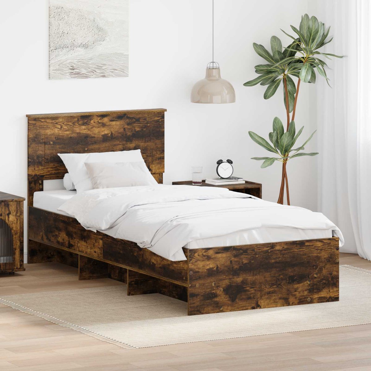 vidaXL - Bedframe - met - hoofdeinde - Rook - Eiken - 120 - x - 123 - cm - Bewerkt - hout