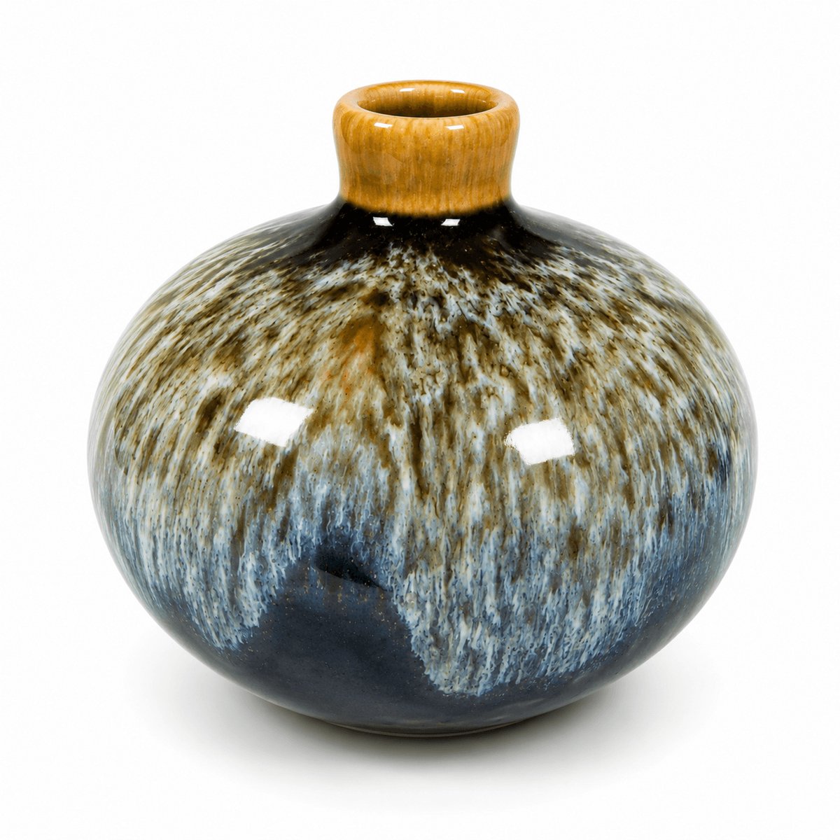 Knopvaasje keramiek – blauw grijs drip - handgemaakt decoratief vaasje – minimalistisch bloemenvaasje – compact woonaccessoire (1 stuk)