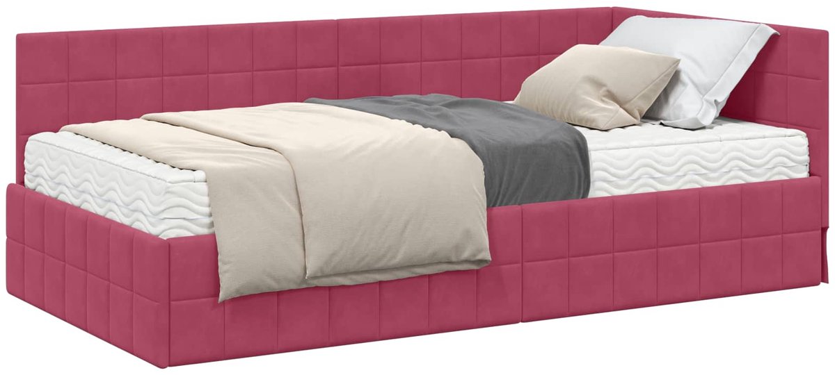 vidaXL Hoekbedframe - met - Matras - 2 - st - Wijnrood - 90 - x - 190 - cm - Fluweel