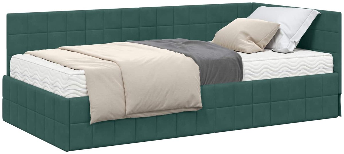 vidaXL Hoekbedframe - met - Matras - 2 - st - Donkergroen - 90 - x - 190 - cm - Fluweel