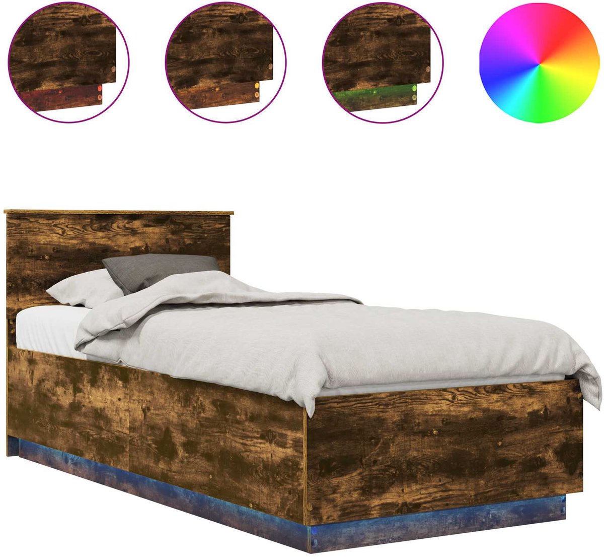 vidaXL Bedframe - met - hoofdeinde - Rook - Eiken - 90 - x - 190 - cm - Bewerkt - hout Gerookt eiken