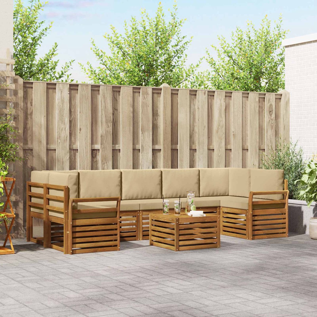 vidaXL Buiten - bank - set - 8 - st - Natuurlijk - en - Beige - Massief - Acacia - Hout Natuurlijk en Beige