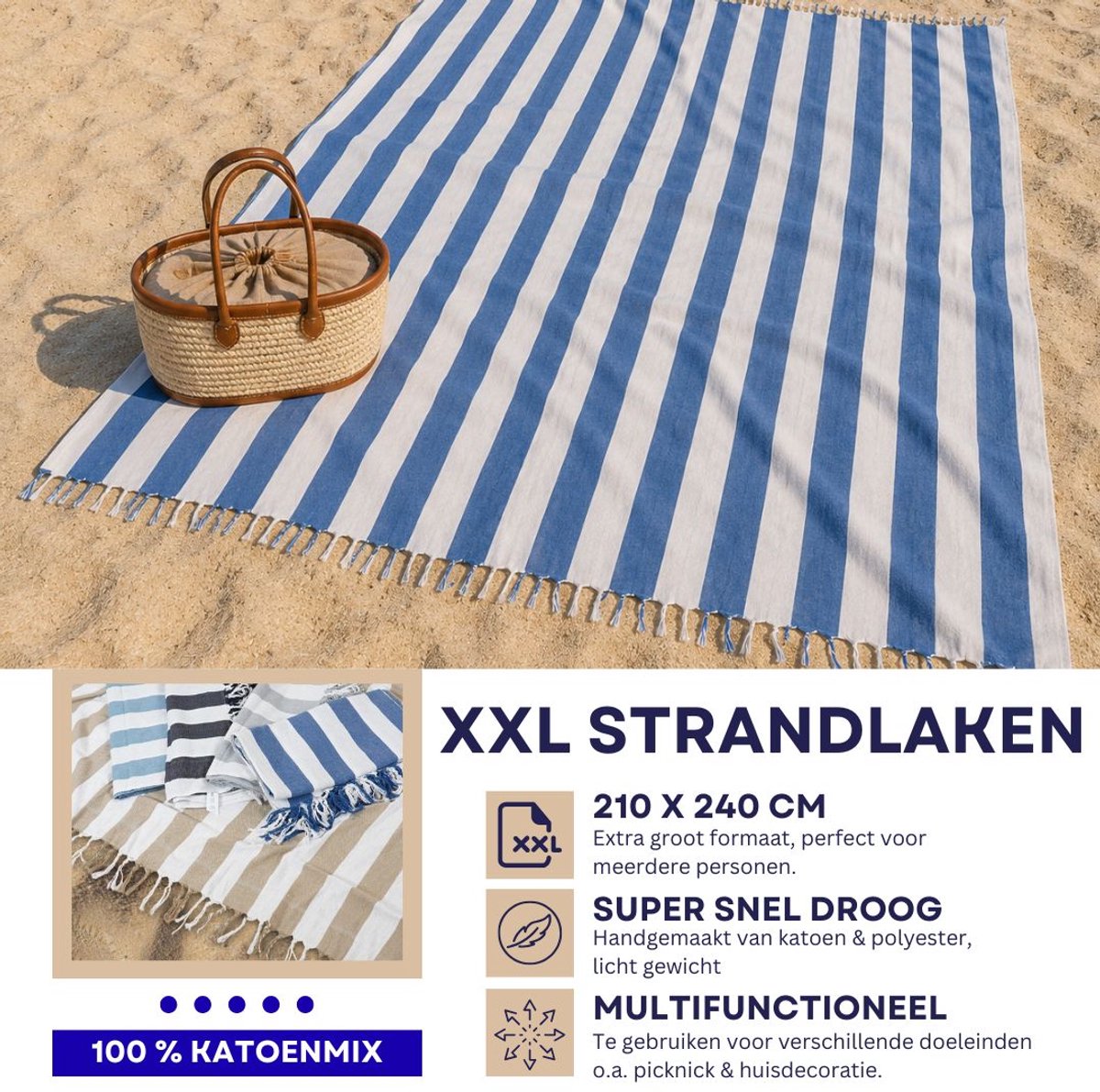 Luxe XXL 240 x 210 cm Hamamdoek- XXL Groot Vakantie Strandlaken -tweepersoons Strandkleed - Katoenmix - Blauw Wit Streep- aesthetic - Sneldrogende Strandlakens - Bedsprei extra groot