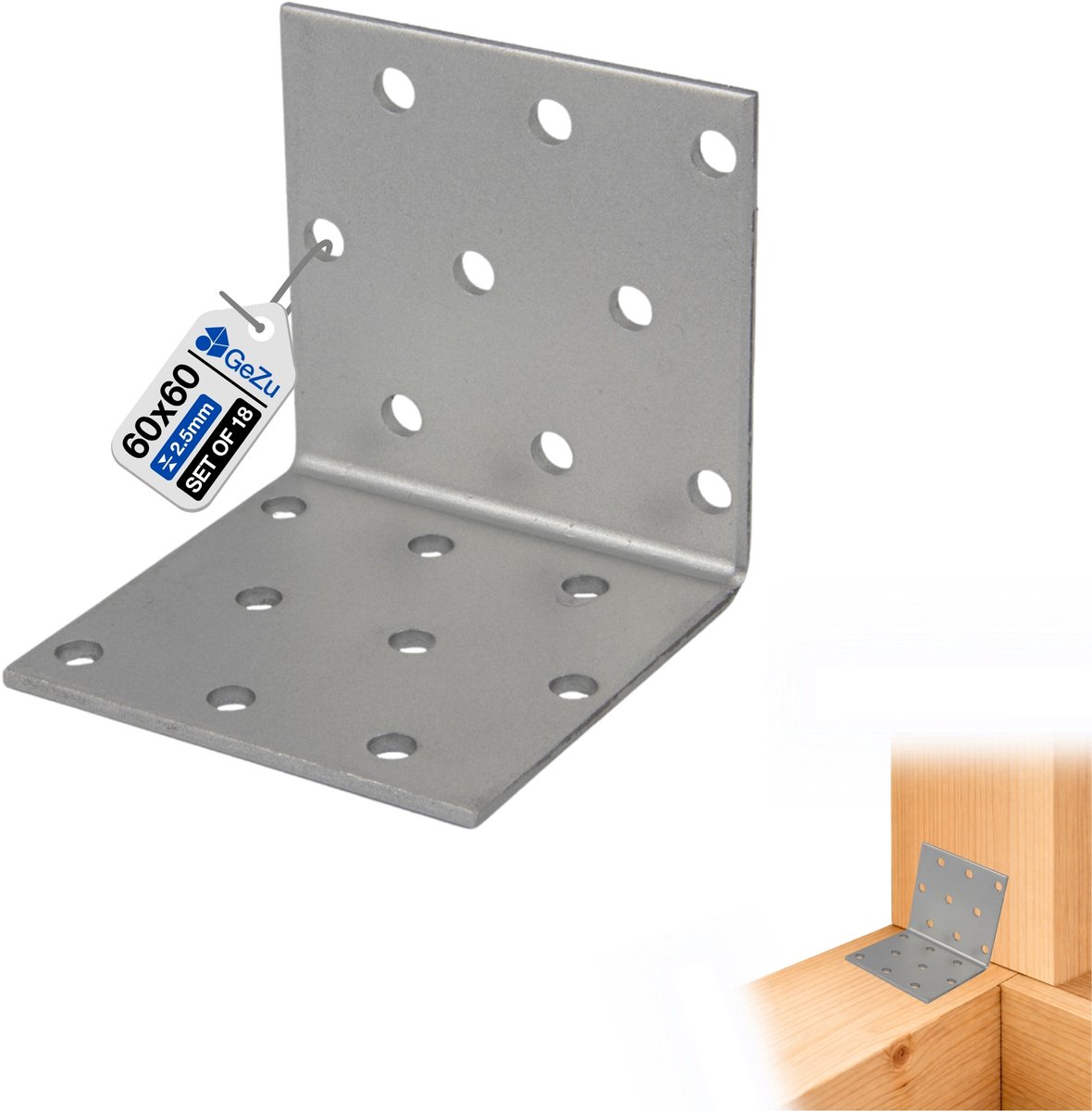 GEZU IMPEX Hoekijzers Gegalvaniseerd Set van 18 60 x 60 x 60 mm balkverbinding hoekverbinder verbindingshoeken