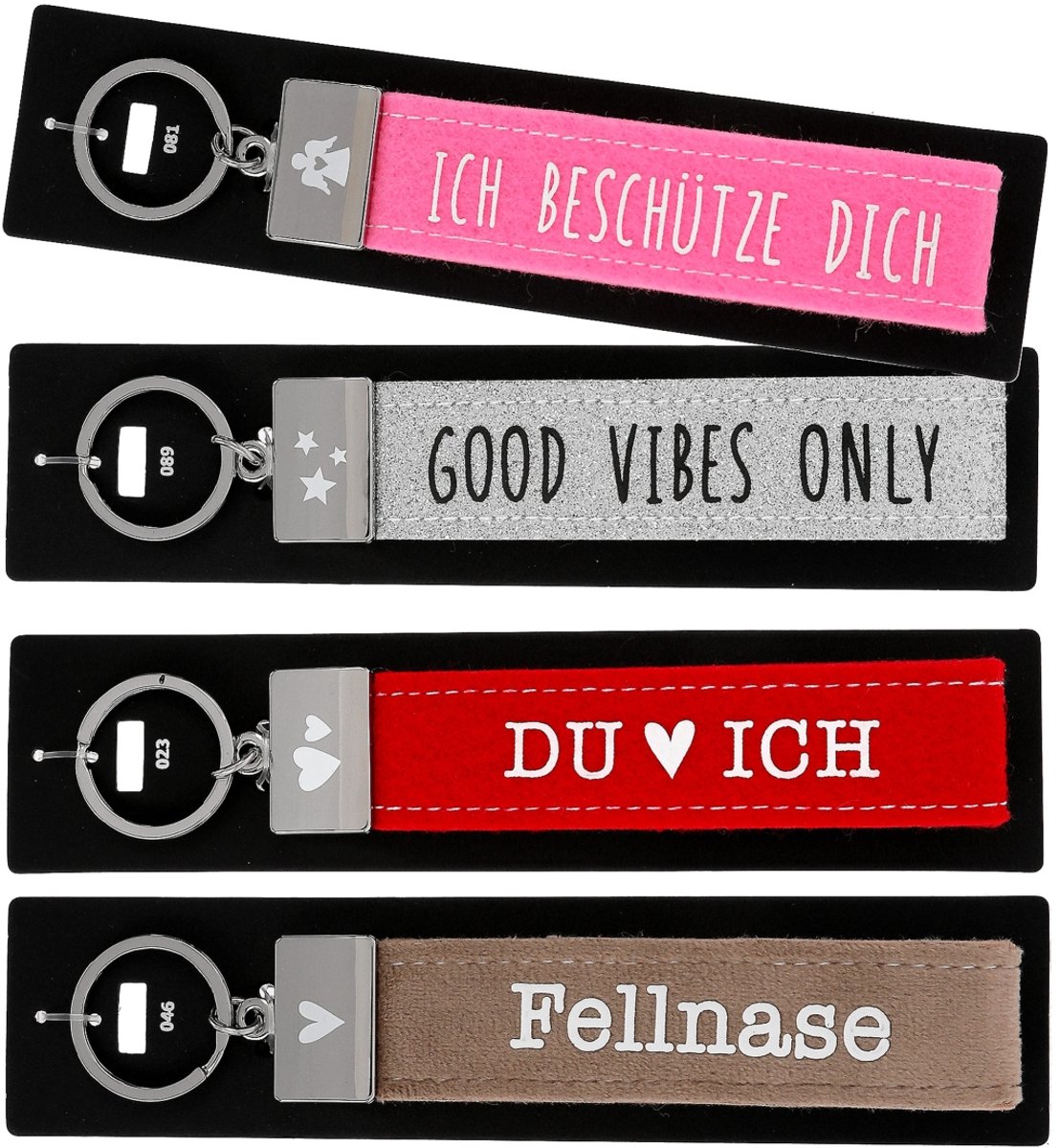 Depesche sleutelhanger vilt rood met metalen sluiting en opdruk.