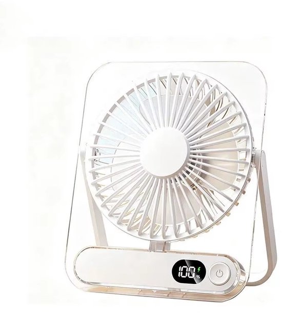 Draagbare mini bureauventilator USB met 5 snelheden, stil, LED display, verstelbare kop, compact wit