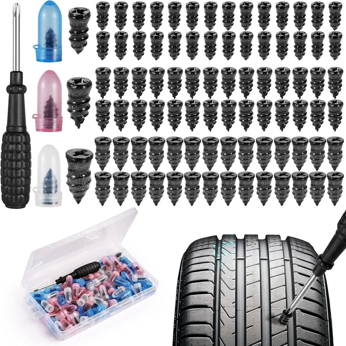 Bandenreparatieset - Tubeless Band Reparatieset met Schroeven - 84-Delig Compleet - Carbonstaal & Rubber voor Luchtdichtheid - Geen Demontage Nodig - Antislip Schroevendraaier Inbegrepen - Voor Auto, Motor & Onderweg