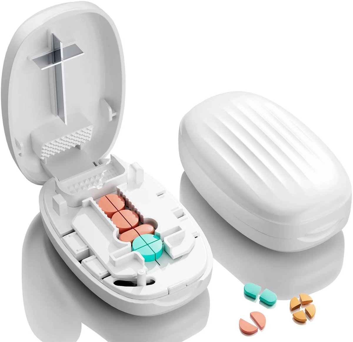 Pillenverdeler, kan tabletten in halve en kwart stukjes snijden, compacte pillenverdeler met roestvrijstalen mes, geschikt voor het snijden van medicijnen en het bewaren van vitamines en kleine pillen, één verpakking.