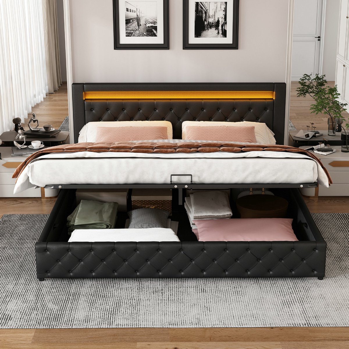 VVBV Bed met opbergruimte 180x200 / Tweepersoonsbed 180x200 – met LED-Verlichting, Lattenbodem – Zwart – Gestoffeerd Tweepersoonsbed