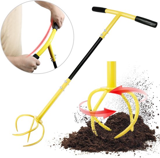 Ulisem - Handmatige tuinfrees - 16.5 inch gebogen handvat - 4 gepunte tanden - Voor zware grond - Verwijder onkruid en belucht de bodem - Staal - Geschikt voor verhoogde bedden - Demontabele rototiller 360° - Helemaal Geel van Ulisem — afbeelding 3