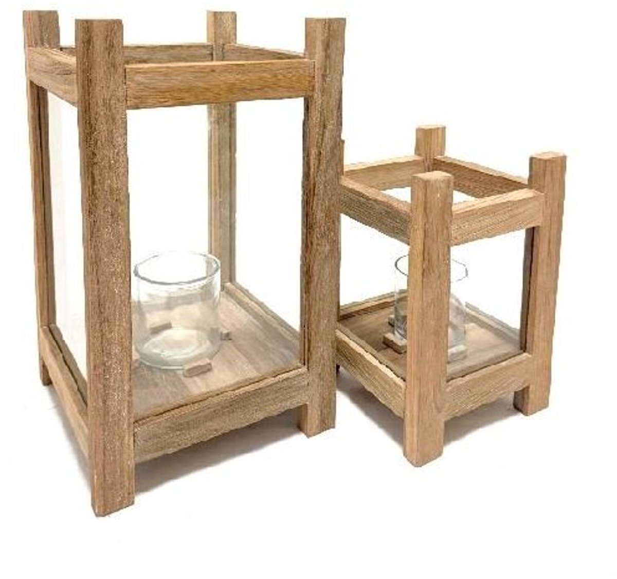 Teakhouten Windlicht - 45 x 26 cm - Naturel - Set van 2