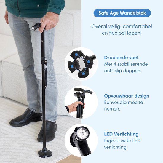 Zwarte wandelstok met draaibare voet, ingebouwde LED-verlichting en opvouwbaar design.