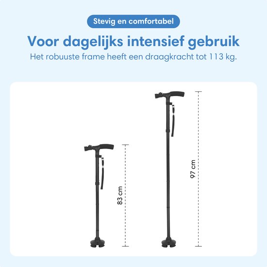 Zwarte, opvouwbare wandelstokken in twee maten (83 cm en 97 cm) voor dagelijks gebruik.