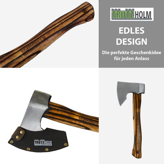 TRUTZHOLM Vintage Handbijl 500g - Gevlamd Hickoryhout 320mm - Gesmede Stalen Trekkingbijl Outdoor met Lederen Bescherming van TRUTZHOLM — afbeelding 4