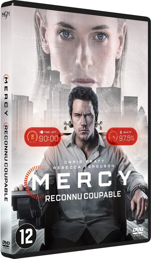 Hoes van "Mercy" met Chris Pratt en Rebecca Ferguson. Chris Pratt zit vast in een stoel. "TIME LEFT 90:00" en "GUILTY 97.5%" staan in rode cirkels.