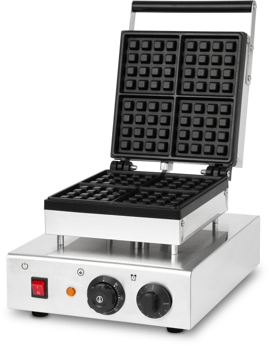VERTES Belgisch wafelijzer, 4 wafels tegelijk, 80 stuks per uur, 1600 watt, Teflon-gecoate roestvrijstalen behuizing