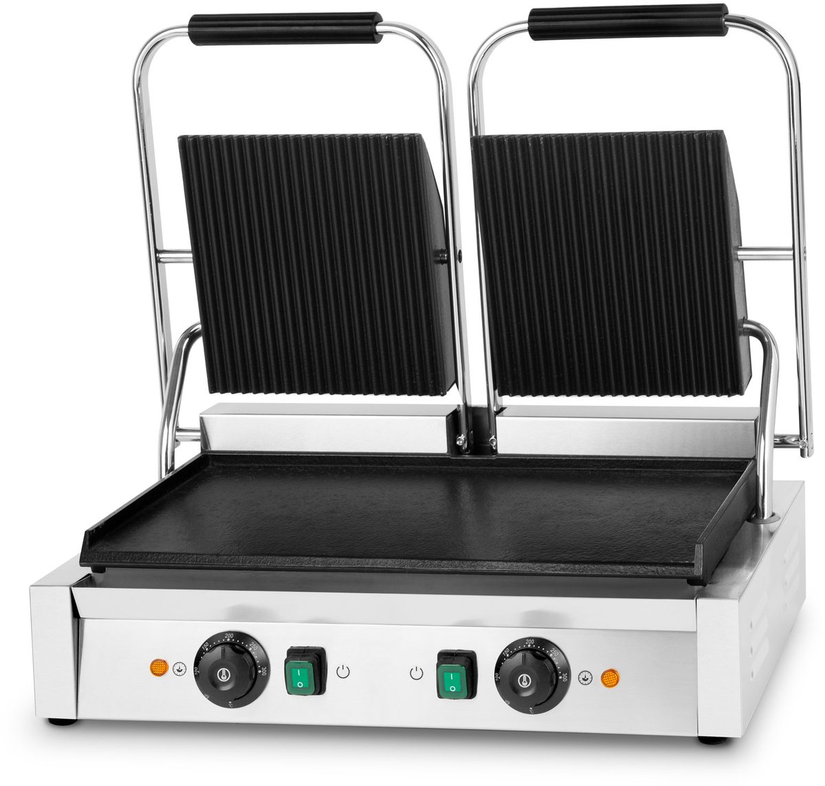 VERTES Dubbele Contact Grill, Gietijzeren Grillplaat (Gegrilde Bovenkant/Platte Onderkant), 3600 W, Commerciële Multigrill voor Flatbread, Vlees, Groenten, Sandwiches, Roestvrijstalen Behuizing, Instelbaar 0-300 °C, Teflon Coating