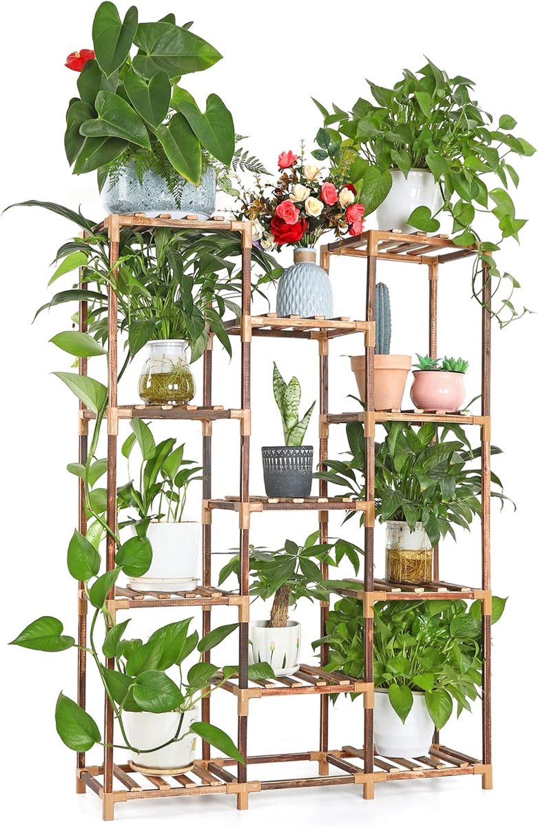 Famanu – Houten plantenrek met 11 niveaus, multifunctionele bloemenstandaard voor binnen en buiten, decoratief voor woonkamer, balkon en tuin