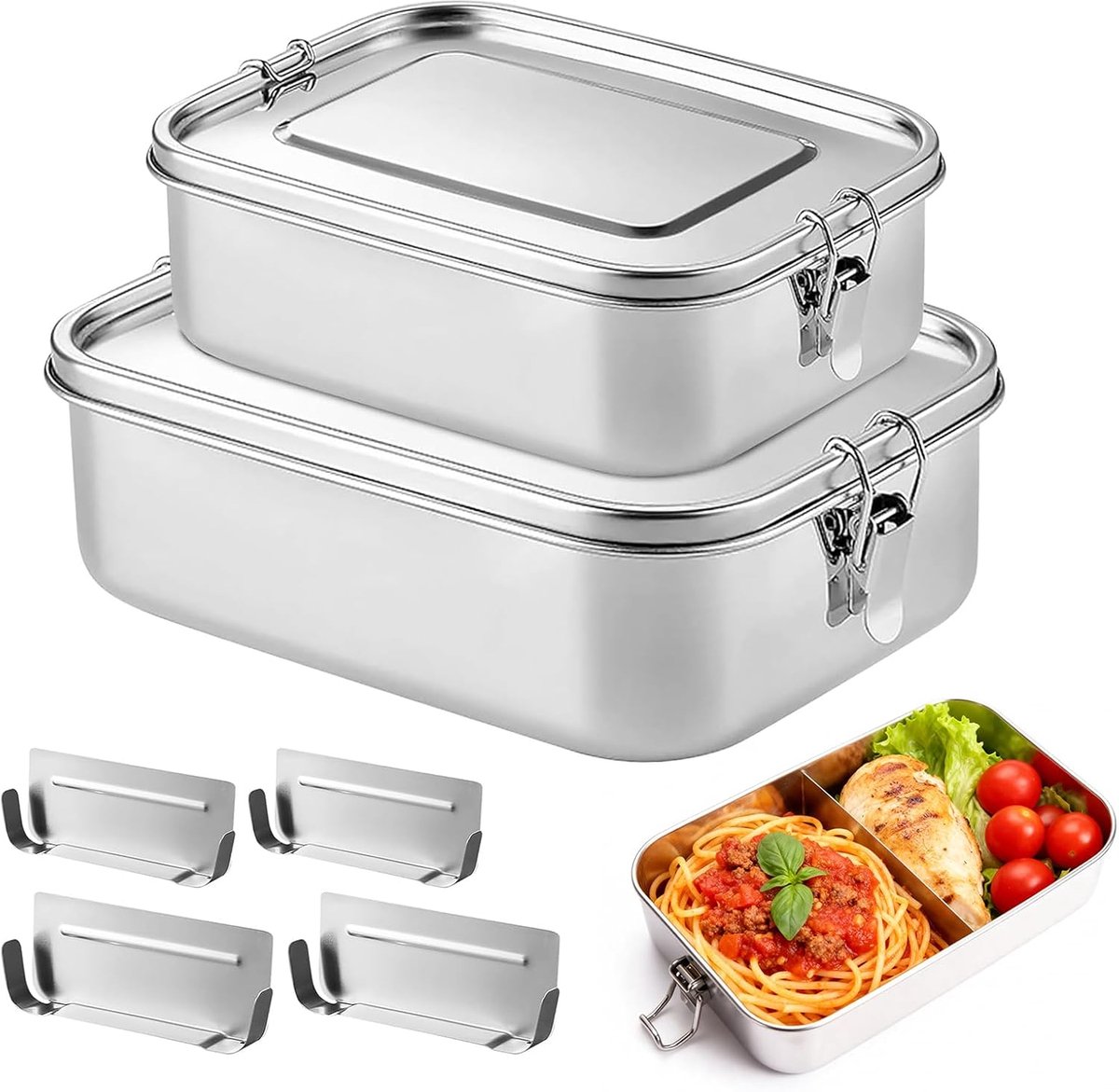 Famanu – Set van 2 roestvrijstalen broodtrommels, lekvrije lunchboxen met 2 vakken, 850 ml en 1400 ml, ideaal voor camping, picknick en school