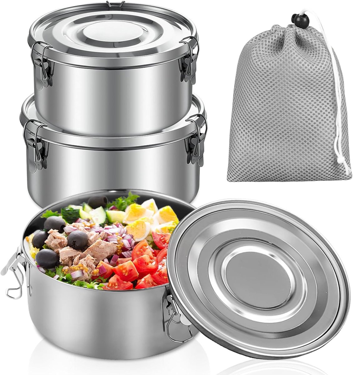 Famanu – Set van 3 roestvrijstalen broodtrommels, voedselbewaarders voor volwassenen, ronde lunchboxen van 304 roestvrij staal, ideaal voor keuken en outdoor