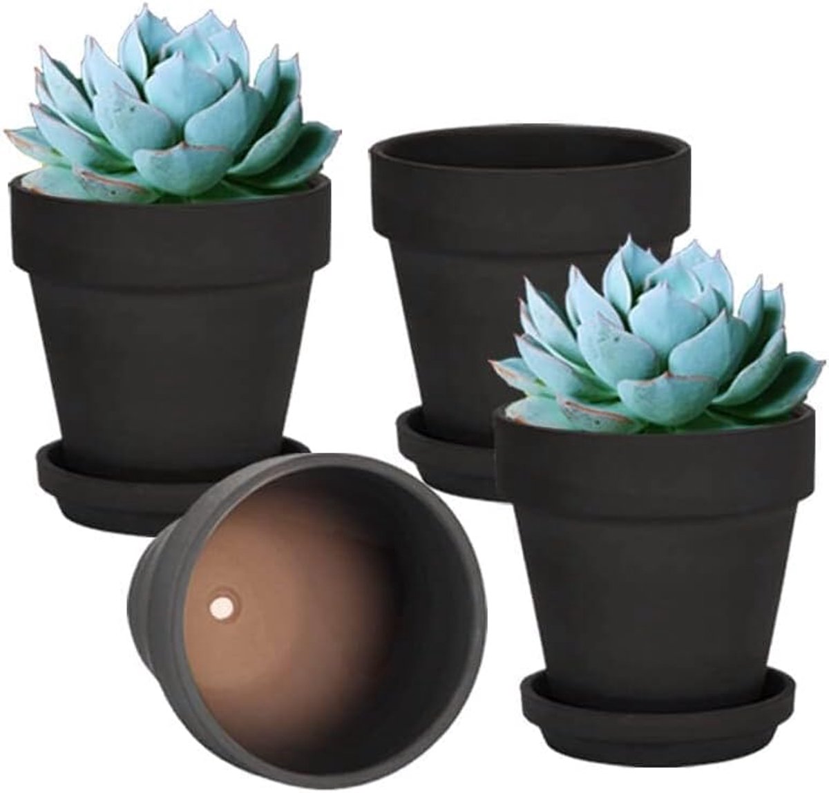 Famanu – Set van 4 zwarte terracotta kleipotten van 15 cm met schotel, voor binnen en buitenplanten