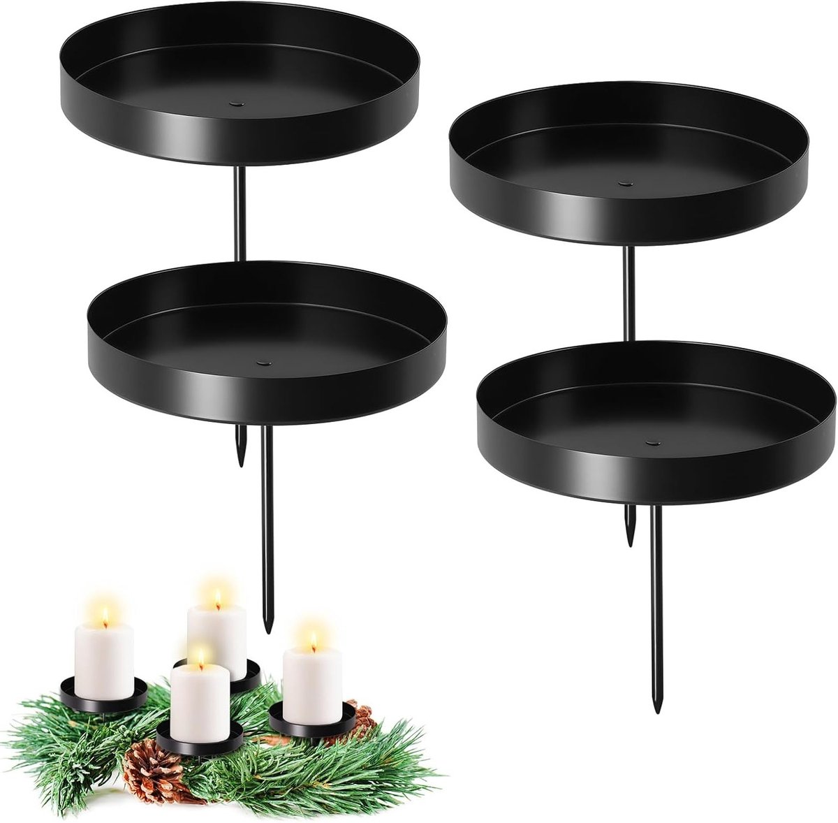Set van 4 Kandelaarhouders voor Adventskrans, Metalen Kandelaar met 8 cm Platen, Geschikt voor Pilaar- en Adventskaarsen, Zwart, Decoratieve Kandelaar voor Kerstmis