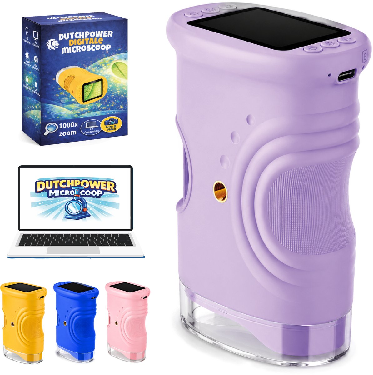 DUTCHPOWER Digitale Microscoop 1000x-4K-voor Kinderen – Draagbare Handmicroscoop met Foto & Video – STEM Educatief Speelgoed voor Ontdekken in Tuin en Natuur – Geschikt voor 4 t/m 12 jaar-paars