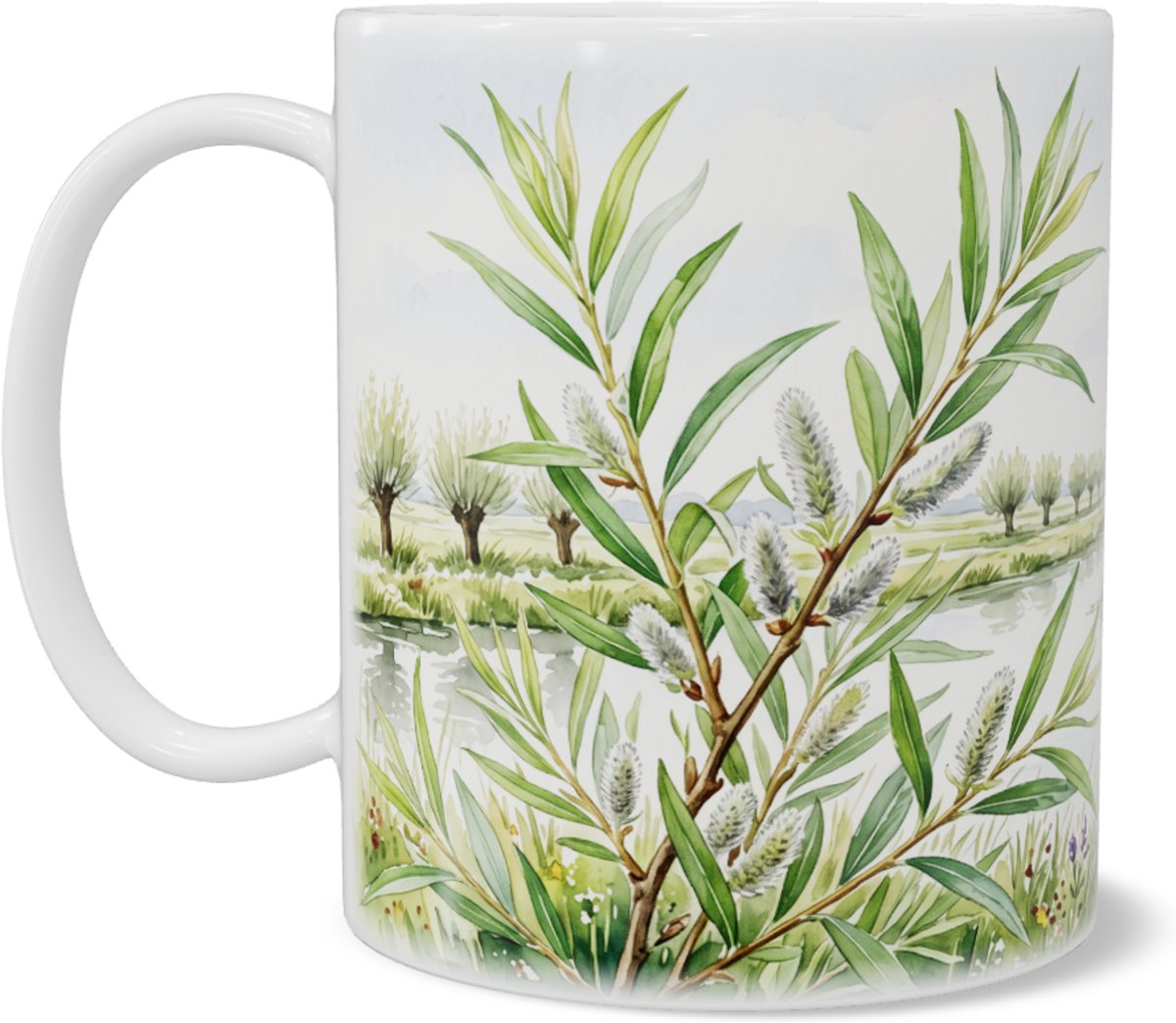 Mok Aquarel Series Katwilg Bloei aan de Waterkant Polder met Molen Natuur