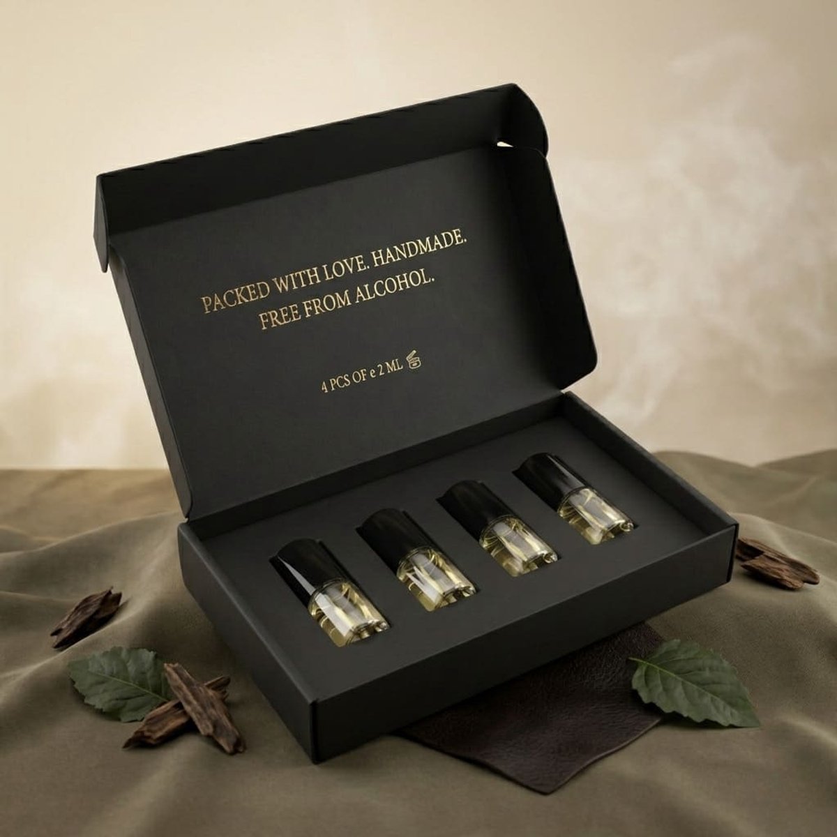 Jamila's Oud & Leather Discovery Set - Parfum olie testpakket - 4 x 2ML - Alcoholvrije parfumolie - Oudh, Leer, Patchouli & Hout - Arabische parfum