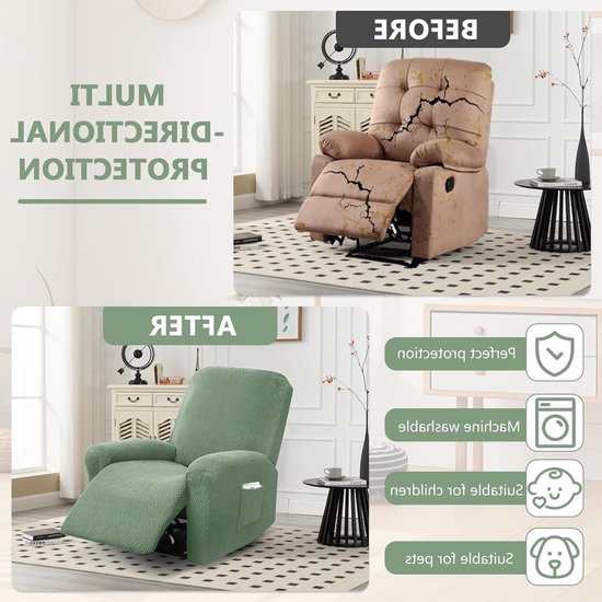 Verstelbare Stoelhoes voor Relaxfauteuil, 1-Zit, Elastische 4-Delige Hoes met Afneembare Zijzakken en Bescherming tegen Vlekken en Stof — afbeelding 3