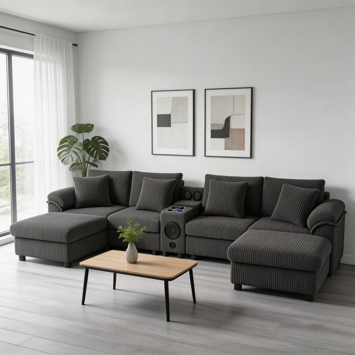 KOMHTOM Modulaire U- en L-vormige corduroy bank - met Bluetooth-luidspreker en console - hoekbank met opbergruimte, draadloos opladen, USB-aansluitingen, bekerhouders en kussens - grijs
