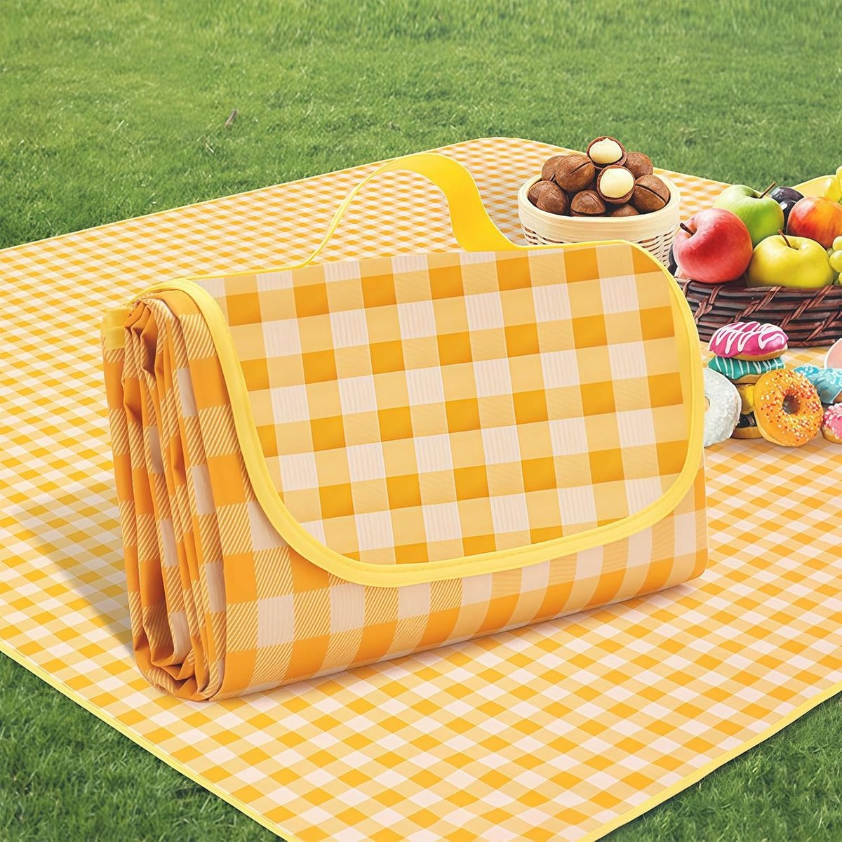 Picknickkleed - 200 x 300 cm - Waterdicht - met Handvat - Opvouwbaar Buitenkleed - Campingkleed - Picknickdeken voor Buiten - Draagbare tuin-strandmat - Strandkleed - zandbestendig - voor Strand, Park, Barbecue, Wandelen - geel-wit geruit