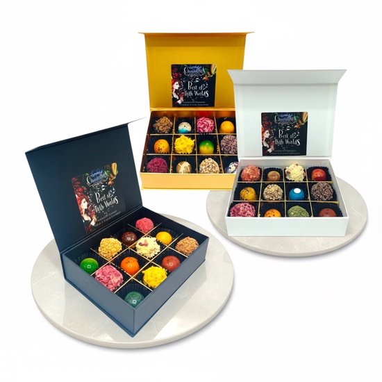 MIX 12 van ambachtelijke handgemaakte chocolade truffels, pralines. Ambachtelijk-chocoladecadeau-pralines-bonbons-verjaardagscadeau