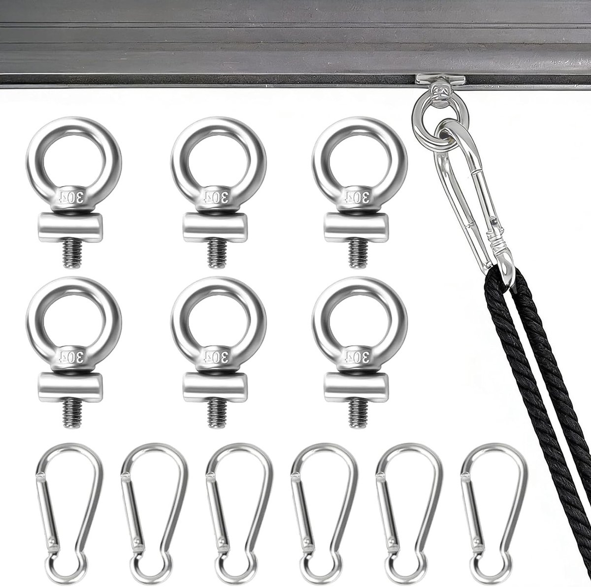 Complete set van 18 stuks met kederstoppers, oogschroeven en aluminium haken, ideale accessoires voor caravans en tenten, perfect voor camping en buitenactiviteiten