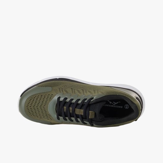 Bovenaanzicht van olijfgroene sneaker met zwart en wit. 'SWEDEMOUNT' in de binnenzool.