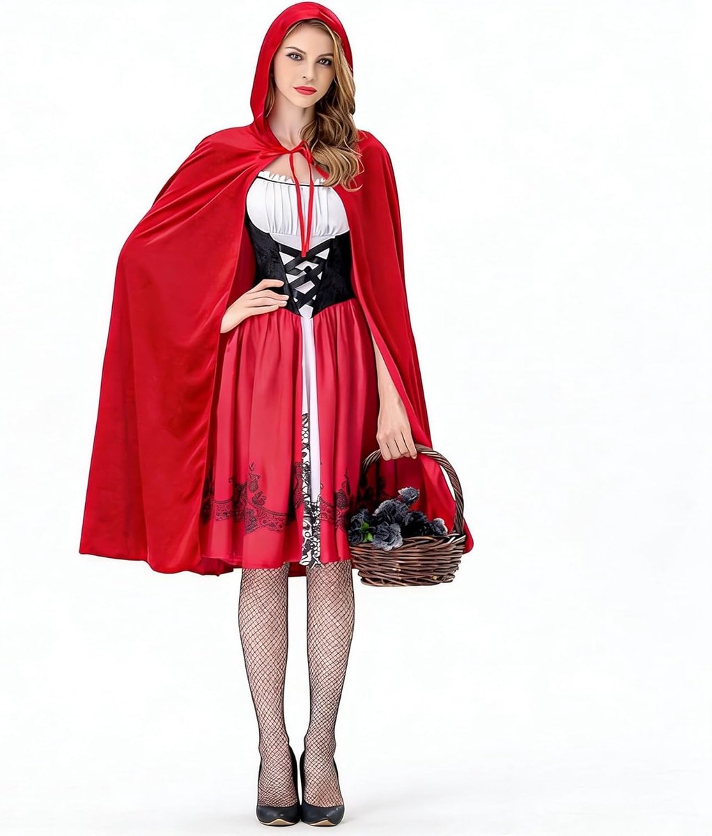Vrouwelijk Roodkapje Kostuum met Cape, Jurk en Zwarte Kousen voor Carnaval en Halloween Cosplay - XL Maat, Sprookjesachtig Thema