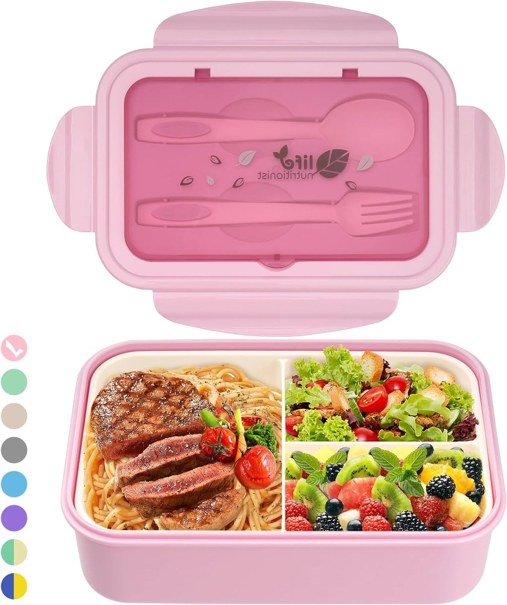 Lunch Box voor Volwassenen en Kinderen - 1400ml Levensmiddelenopslag, Lekvrij en Magnetronbestendig met 3 Compartimenten en Bestek voor School en Werk
