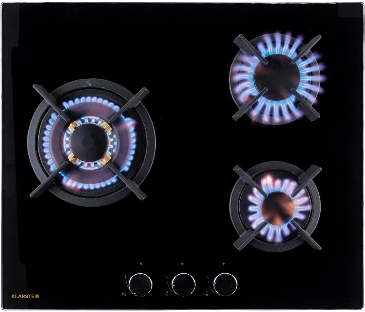 Klarstein Goldflame 3 gaskookplaat - 3 pits - messing brander - glaskeramiek & rvs - wokbrander - 6,2 kW