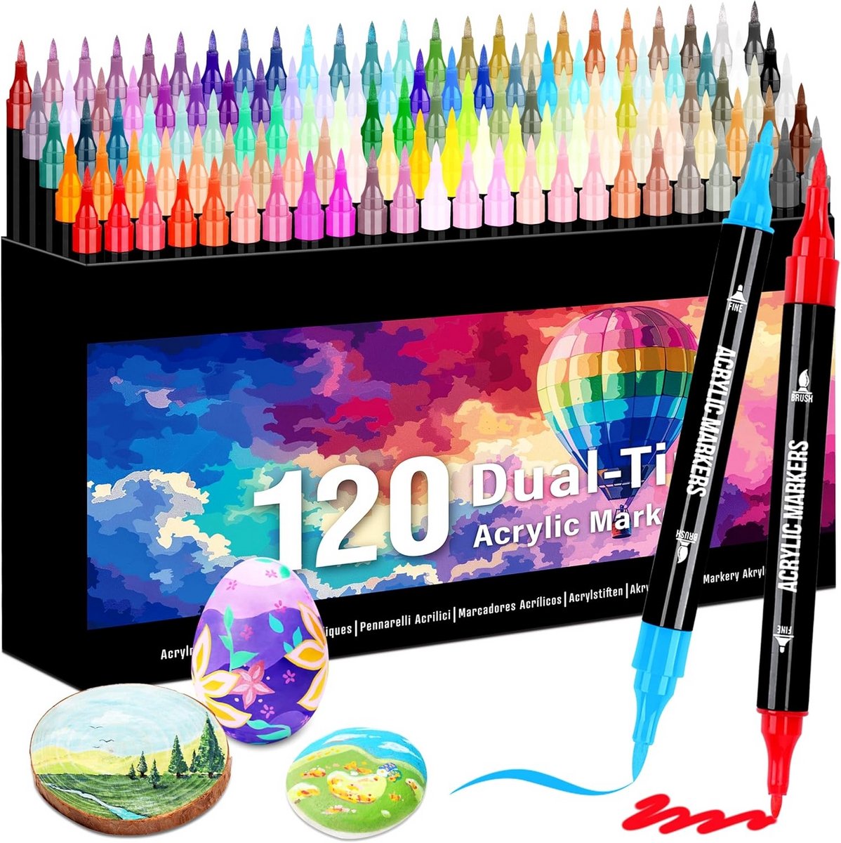 PromoHome Acrylstiften Set 120 Kleuren - Acrylmarkers met Dubbele Punt (Fijn & Penseel) - Voor Kinderen en Volwassenen - Knutselen, Tekenen en DIY Projecten