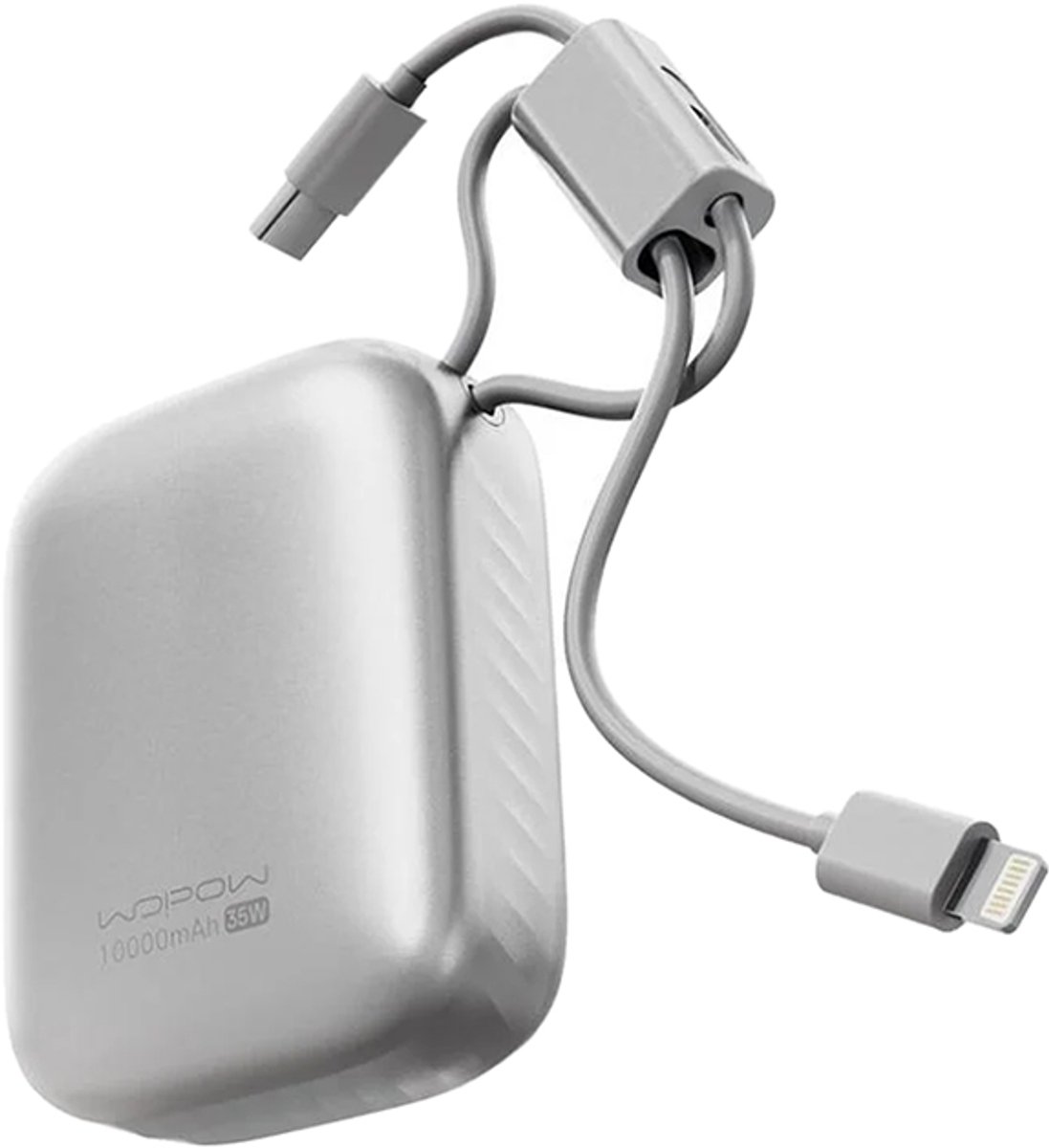 Wopow Powerbank met ingebouwde USB-C & Lightning kabels + USB-A & USB-C poorten, SQ79, 10.000mah, 35W, Zilver, 6933185738311