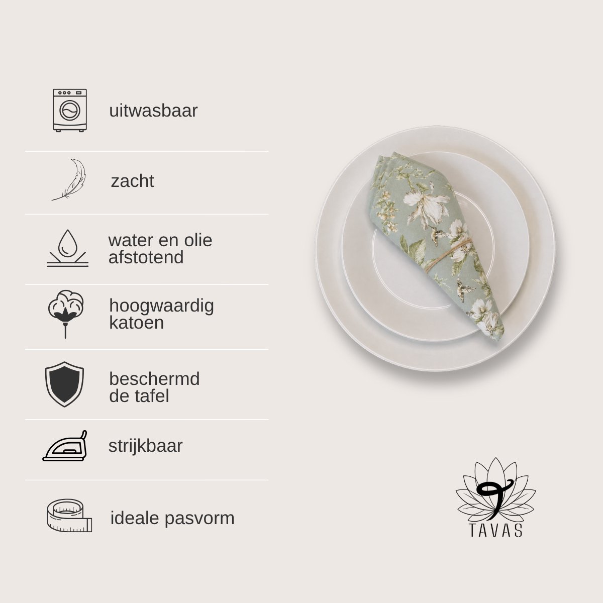 Tavas Servetten - 30 x 30 cm - Set van 4 stuks - Saliegroen - Vogeltuin - Katoen — cadeau in Wonen & Interieur - foto 2